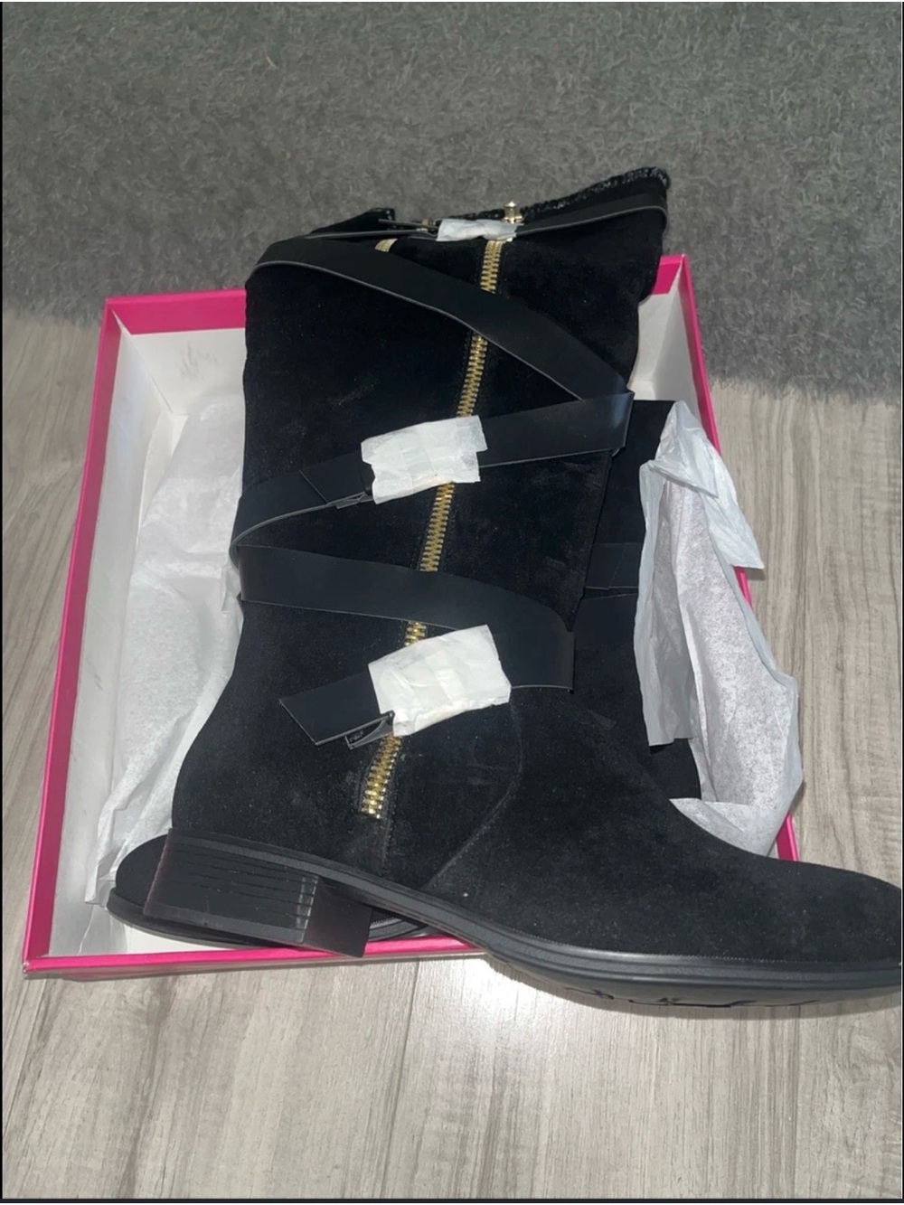 Shoe Dazzle Black Suede Ankle Boots with Gold Zip Detail
